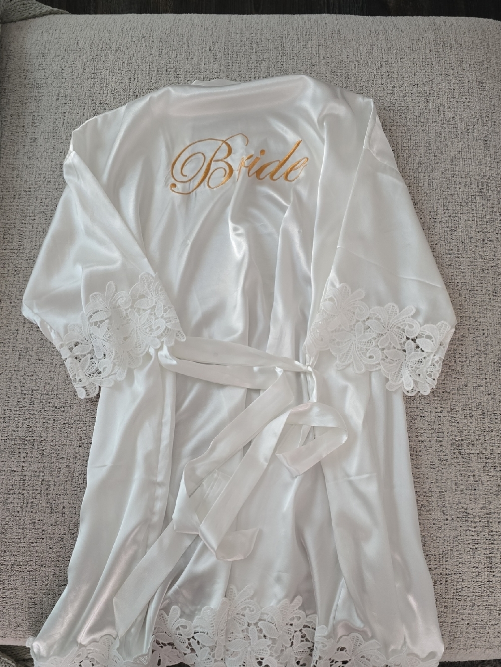 Bride Satin Bridal Robe with Lace Trim - White